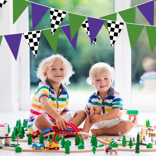 Gersoniel 5 Pcs Green and Purple Monster Truck Banner Decorations Green Purple Checkered Paper Pennant Garlands Monster Truck Hanging Triangle Flags for Car Theme Birthday Party Decor