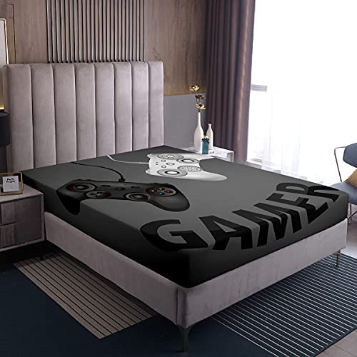 Loussiesd Gaming Fitted Bed Sheets 100% Polyester Soft and Comfortable Sheets Machine Washable Breathable Fabric Double(135x200+30cm) Video Game Only Bedsheet No Pillowcases