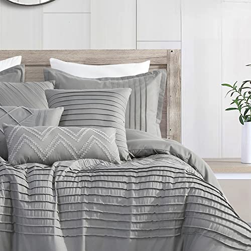 Hig 7 Pieces Modern Pintuck Comforter Set With Pleated Stripes Queen, Gray Classic Down Alternative Bedding Set For Bedroom, All Season Bed In A Bag - 1 Comforter, 2 Shams, 4 Decor Pillows (22132) #TOP1