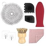 Cast Iron Skillet Cleaner, Stainless Steel Chainmail Scrubber Bamboo Scrub Cleaning Brush Hot Handle...