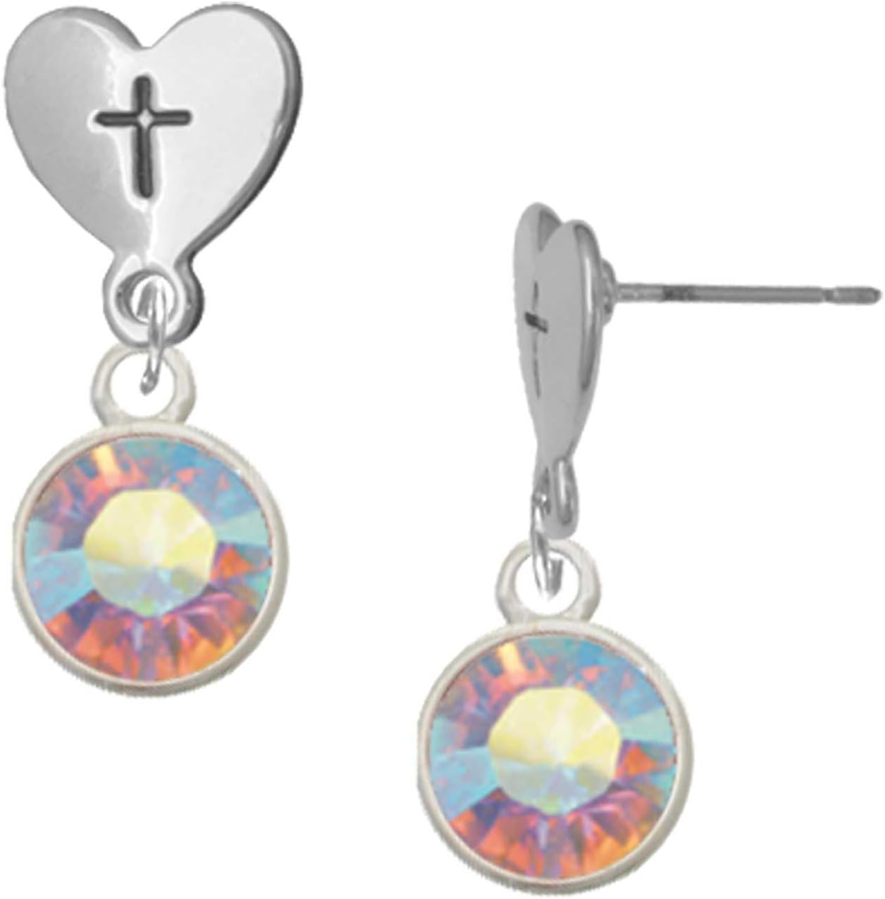 Delight Jewelry 10mm Crystal Drop Silvertone Cross in Heart Post Dangle Earrings