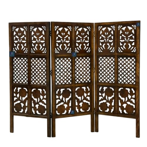 Image of Wooden Room Partition Screen with Burnt Wood Finish | Hand Buffed Traditional Handicraft Room Divider | 6 Ft Height Indoor Room Separator (3 Panel 4 Feet)