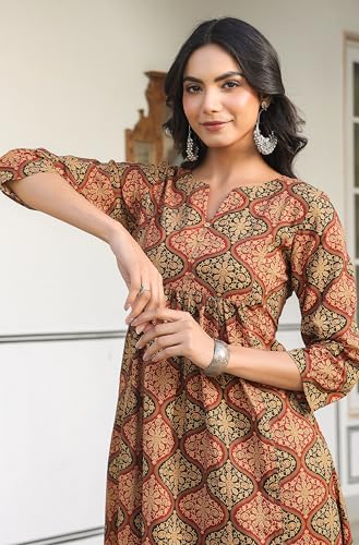 Image of Janasya Brown Pure Cotton Kurta & Pant Set for Women Ethnic Motifs Print Ethnic Wear