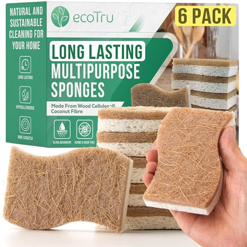 6 Pack Natural Kitchen Sponges, Compostable White Cellulose & Organic
