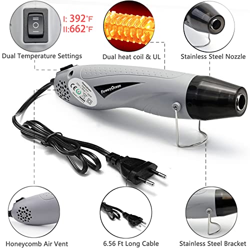 FloweryOcean 350W Mini Heißluftpistole,6.56Ft Kabel 2 Temperatur 392°F/662°F Heißluftfön mit 55 Stück 4:1 Schrumpfschläuche Set,Für Drahtreparaturen,Handwerk,Epoxidharz,Schrumpfverpackung,CE-Zulassung