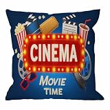 HGOD DESIGNS Cinema Movie Time Throw Pillow Cover,Popcorn Drink Clapping Board and Other Objects On Cinematograph Decorative Pillow Cases Cotton Linen Cushion Covers for Home Sofa Couch 18x18 inch