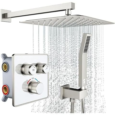SR SUN RISE 100℉ Thermostatic Shower System,12" Luxury Rainfall Shower Head and High-Pressure Handheld Bathroom Shower Faucet Set,Shower Valve and Trim Kit Included (Brushed Nickel) Cover