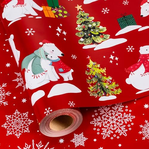 MAYPLUSS Christmas Wrapping Paper Roll, Red Gift Wrap with Tree Polar Bear