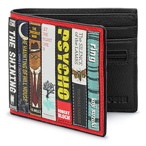 Yoshi Horror Bookworm Men's Leather Wallet, Genuine Red & Black Leather Wallet, RFID Blocking Wallet for Men, Red, One Size, Horror Bookworm