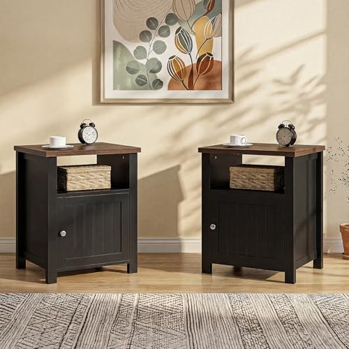 ChooChoo Farmhouse Nightstands Set of 2, Wooden Night Stand with Storage and Open Shelf, Rustic End Table Set of 2 for Bedroom, Black&Brown