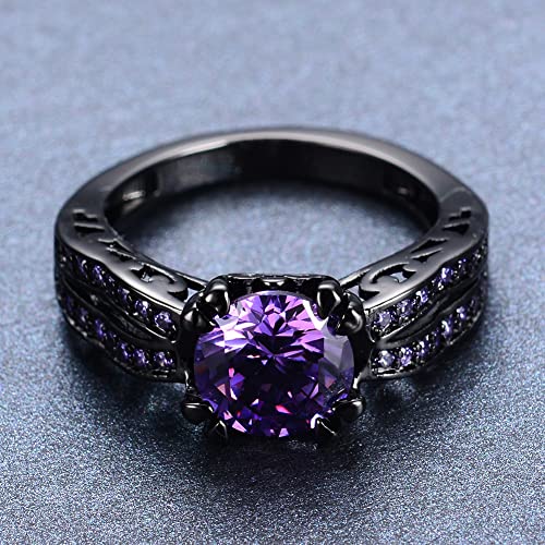 ASFKIPMF Black CZ Fashion Amethyst Purple Birthstone Ring Round Cut 10KT Bridal Sets Black Gold Plated Womens Wedding Ring Sets Green Cz Engagement Ring Wedding Rings Band Size 94