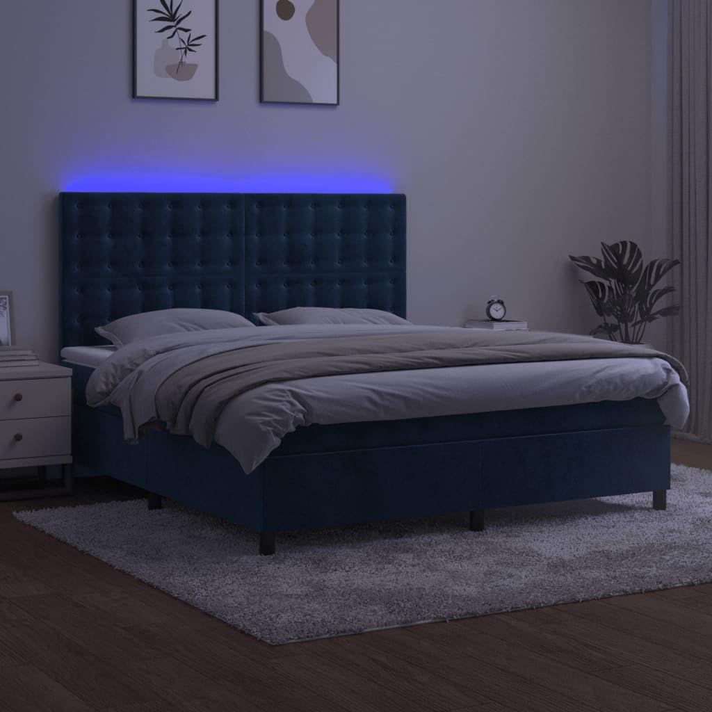 Łóżko kontynentalne 180 x 200 cm, ciemnoniebieskie, aksamitne, z materacem, oświetleniem LED, zagłówkiem z regulacją wysokości, materac ze sprężynami kieszeniowymi, meble do sypialni
