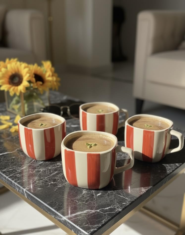 Image of DATA Ceramic Zen Stripes Hand Painted Coffee Mugs in Red Lines, Set of 6, 199 Ml
