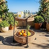 GREEN MORE Outdoor Bar Cart, 2 Tier Rolling Patio Cart, Utility Rattan Storage Cart with 4 Wheels, Metal Frame and Table Top, for Garden Swimming Pool Living Room Club, Round