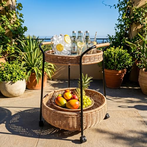 GREEN MORE Outdoor Bar Cart, 2 Tier Rolling Patio Cart, Utility Rattan Storage Cart with 4 Wheels, Metal Frame and Table Top, for Garden Swimming Pool Living Room Club, Round