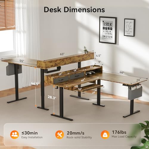 Image of WALKINGDESK 63 Inches L Shaped Standing Desk with Keyboard Tray and 2 Drawers, L Shaped Electric Standing Desk, Adjustable L Shaped Office Desk,Corner Standing Desk for Home Office, Rustic Brown