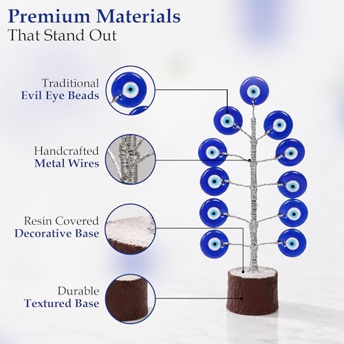 Image of Evil Eye Protection Tree Decor for Home & Office | Nazar Suraksha Blue Eye Tree Stand with Wooden Base | Feng Shui Vastu Positive Energy & Protection Showpiece