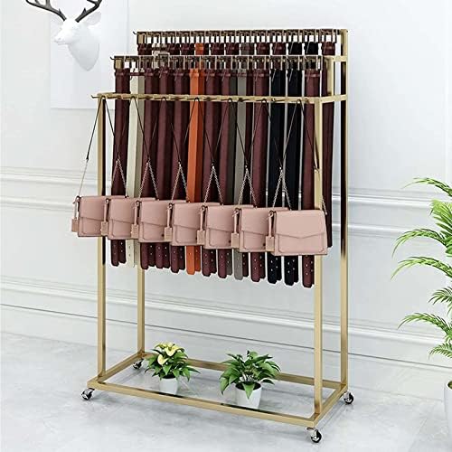 Metal Belt Organizer with Wheels - Floor-Mounted Clothing Storage Rack with Hanging Hooks for Retail Display & Versatile Organization Solutions