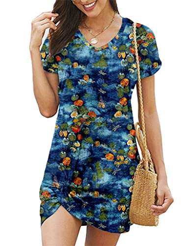 Women's Side Knot V Neck Tie Dye Tunic Dresses Casual Swing Tee Shirt Dress L Blue Dye #TOP3