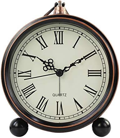 SIEMOO Retro Metal Table Clock Battery Operated Non-Ticking Silent Quartz Table Desk Small Alarm Clock Vintage European Desk Shelf HD Glass Desk Clock for Kids Bedroom Living Room Decoration (Roman)