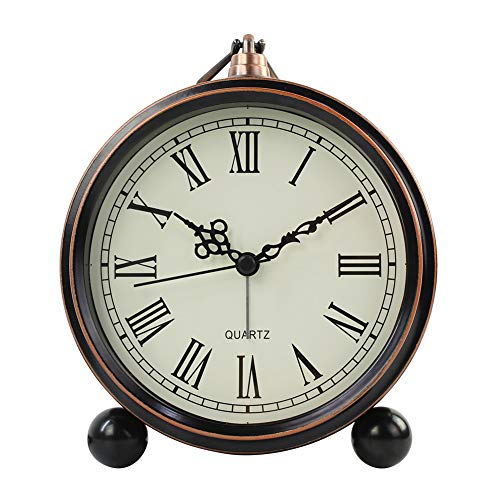 Siemoo Retro Metal Table Clock Battery Operated Non-Ticking Silent Quartz Table Desk Small Alarm Clock Vintage European Desk Shelf Hd Glass Desk Clock For Kids Bedroom Living Room Decoration (Roman) #TOP2