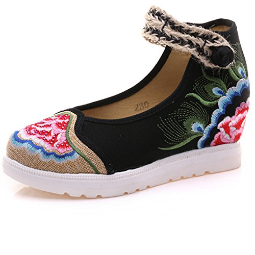 Qhome Women's Floral Peony Embroidery Ethnic Style Strappy Comfortable Casual Walking Canvas Flat Shoes