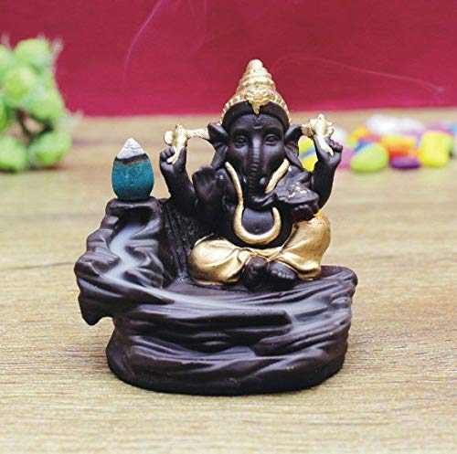 Kamakshi Art Handcrafted Ganesha Idol Smoke Features Back Flow Cone Incense Holder Decorative Showpiece with 10 Free Smoke Scented Cones