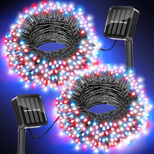 Red White and Blue Lights Solar String Lights Outdoor Waterproof for 4th of July Decorations and Memorial Day Decorations Total 100LED 45FT for Garden Yard Pathway Fence 8 Modes 50LED x 2 Packs