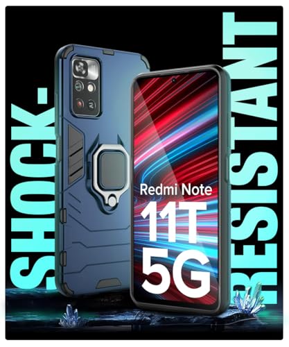 Image of WOW IMAGINE Shock Proof Back Case Mobile Cover for Redmi Note 11T 5G | Poco M4 Pro 5G | Back Cover Case (Tough Armor | Hybrid PC + TPU | Ring Holder & in-Built Kickstand | Blue)