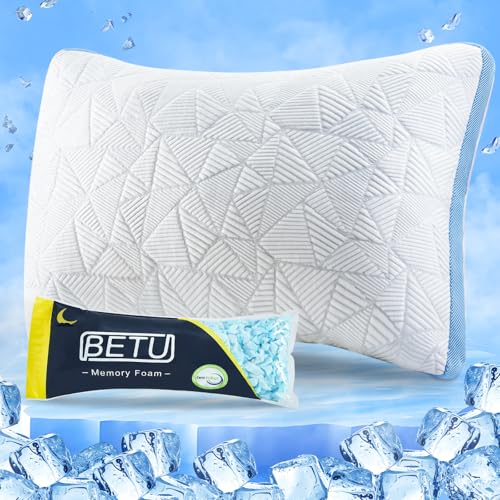 Image of BETU Cooling Pillow King Size, Shredded Memory Foam Pillows for Hot Sleepers, Adjustable Firm Bed Pillows, Hotel Collection Side Sleeper Pillow for Back Pain, Neck, Blue, 20 inchx36 inch