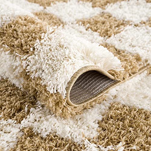 Hauteloom Atira Checkered Shag Area Rug - Checkboard Design - High Pile Fluffy Shaggy Touch - Square Tiles - Kids Room, Nursery, Living Room Shaggy Carpet - Yellow, Cream, White - 5'3" X 7'3" #TOP4