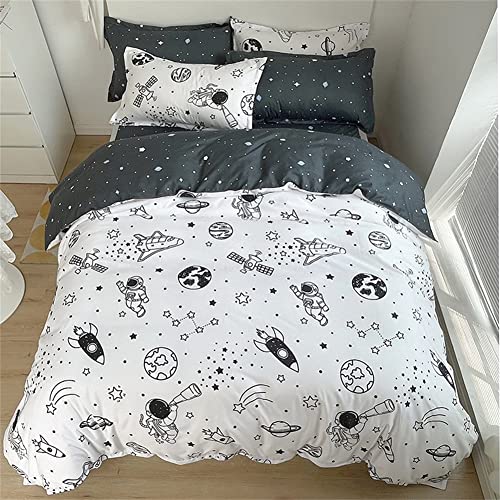 Koudi Ropa de cama para niños, 100x135 cm, espacio para niños, color blanco, negro, cohete estrellas, planeta, astronato, espacio, funda nórdica con cremallera, con funda de almohada de 40x60 cm