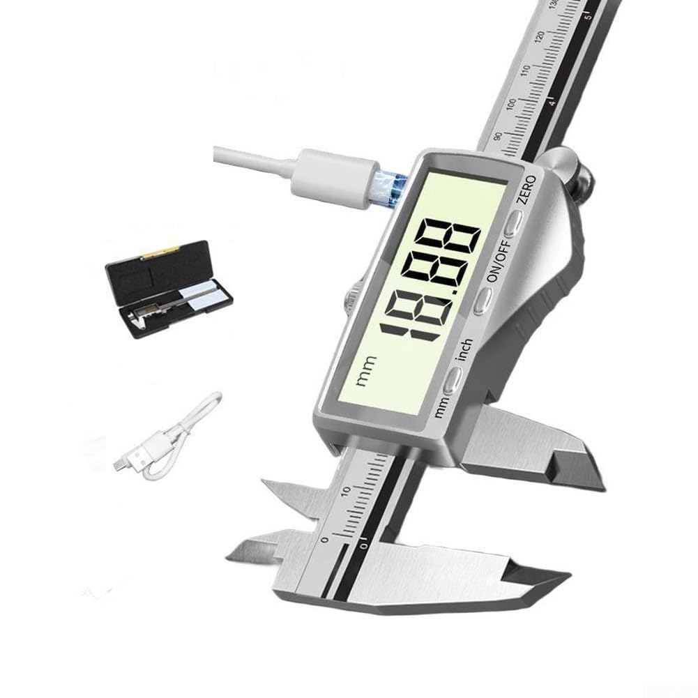 Calibrador Vernier digital recargable con interfaz USB C para medición de alta precisión hecho de acero inoxidable grueso con pantalla grande y tamaño de vida útil de 150 mm (300 mm)