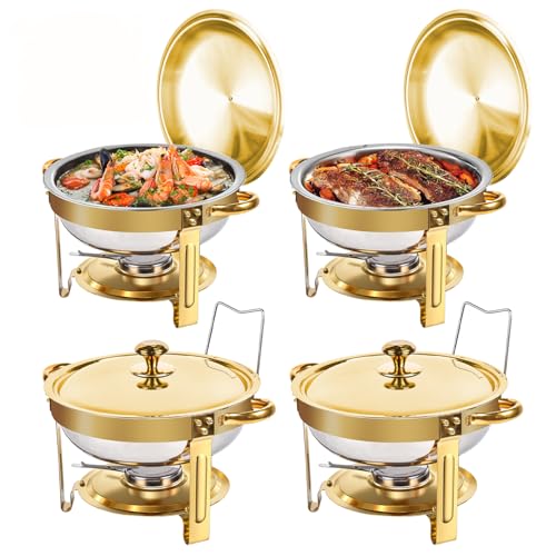 Elegant Buffet Chafing Dishes Set - 4 Pack 5QT Round Stainless Steel Warmers for Home Parties, Catering Events & Christmas Gatherings with Golden Lids