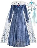 Luzlen Winter Snow Princess Costume for Girls Halloween Birthday Cosplay Dress with Cape Accessories Blue, 4-5 Years(Label 120)