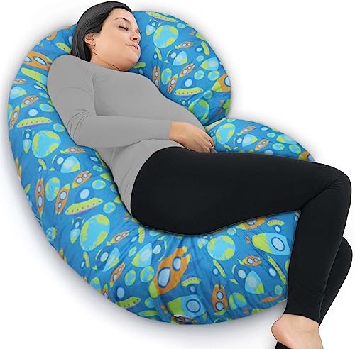 Image of COOZLY C Shaped Pregnancy Pillow | Maternity Pillow|100% Cotton Removable Covers | Premium PregnoCare Fibres | Pregnancy Sleeping Pillow (Astro)
