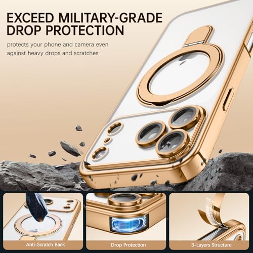Image of DOMAVER for iPhone 17 Pro Max Case with Magnetic Invisible Stand [Military Drop Protection] [Compatible with MagSafe] Slim Shockproof Case for iPhone 17 Pro Max 6.9 Inch, Clear Gold