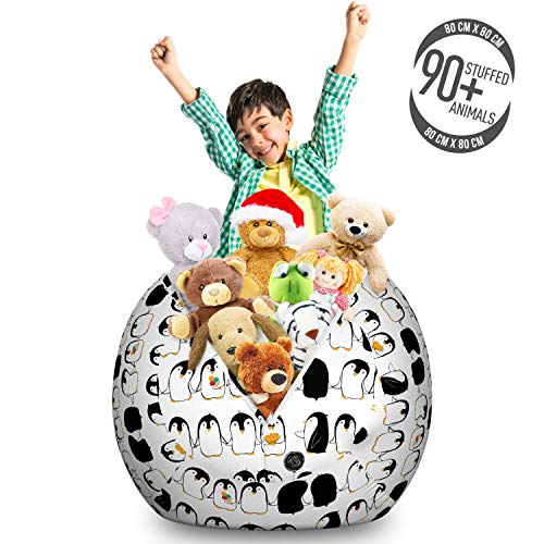 Ambesonne Penguins Storage Toy Bag Chair, Themed Cartoon Arctic Animals Holding Hands, Stuffed Animal Organizer Washable Bag, Large Size, Charcoal Grey Marigold #TOP2