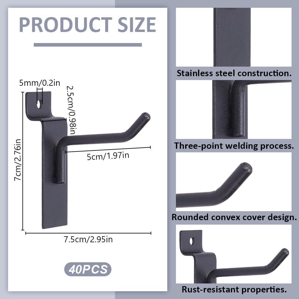 40Pcs Slatwall Hooks, 2 Inch Heavy Duty Wall Hooks with Wide Slatwall Compatibility, Durable Iron Retail Display Hooks for Garage Storage and Home Organization