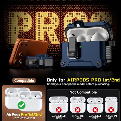 Image of Inesore for AirPods AirPods Pro 1st /2nd Case with Secure Lock (Dark Blue) | Phone Stand Design,Compatible with MagSafe,Automatic Snap Switch Secure Cover with Cleaner Kit & Keychain
