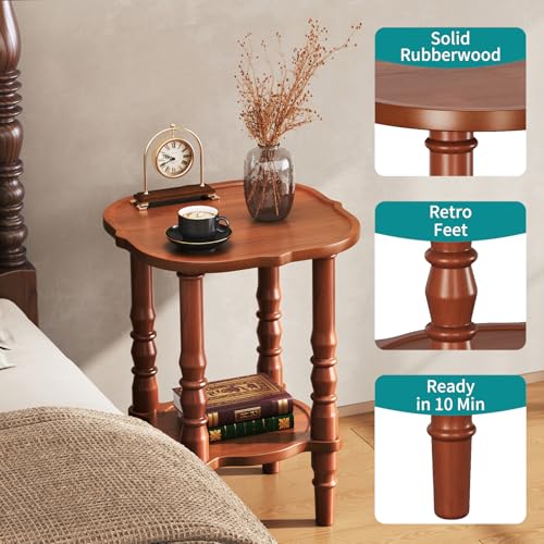 PlushVibes Solid Wood End Table Living Room - 21.7" H Small Narrow Square End Table Wooden, Dark Real Wood Vintage Antique Brown Side Bedside Table Nightstand for Small Spaces with Open Storage Shelf — view 4