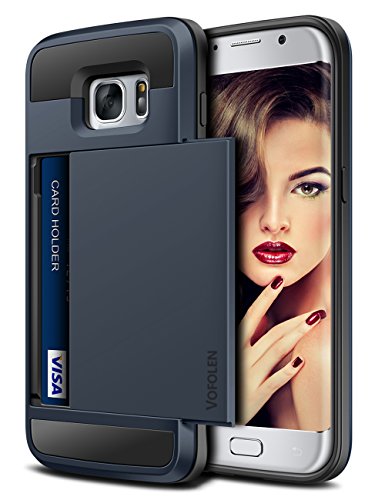 Galaxy S7 Edge Case, Vofolen Slidable Card Holder Galaxy S7 Edge Wallet Case Hybrid Protective Shell Shockproof Rubber Bumper Armor Scratch-proof ID Card Slot Case Cover for Galaxy S7 Edge - Navy Blue