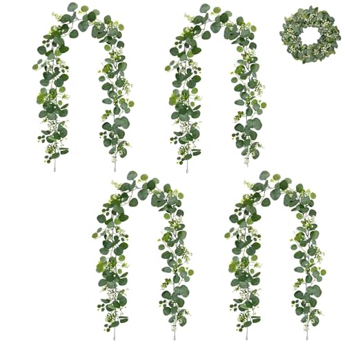 Guirnaldas Artificiales de Eucalipto, 1,8m, 4 Piezas Guirnalda Verde Colgante, Decoración de Eucalipto, Enredaderas Artificial Decorativas con Hojas de Sauce, para Arco de Bodas, Escalera