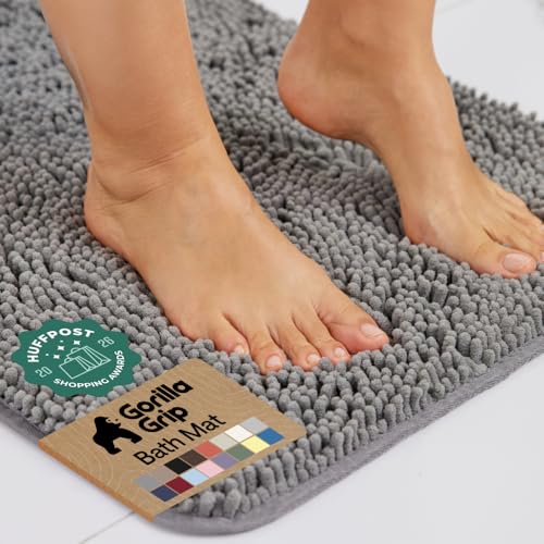 GORILLA GRIP Bath Rug Mat 30x20, Thick Soft Absorbent Chenille, Quick Dry Microfiber Mats, Rubber Backing Washable Shower Floor Rugs, US Designed Bathroom Bathmat Home Decor Accessories, Grey