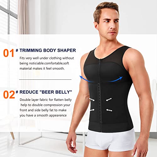 Wonderience Compression Shirts For Men Zipper Slimming Body Shaper Waist Trainer Tank Top Vest With Hooks(Black,X-Large) #TOP2