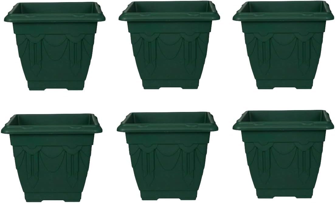 shopior Square Planters for Indoor & Outdoor Spaces| 38cm Large Plastic Garden Flowers, Herbs, and Decorative Plant Pots- Patio or Home Decor | Durable Garden Planters for Flowers & Plants (6, Green)
