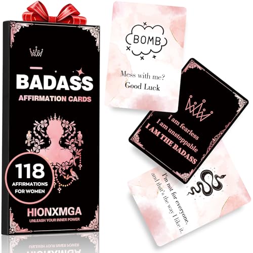 HIONXMGA Double-Sided Badass Affirmation Cards for Women - 118 Unique Inspirational Motivational Messages on 60 Cards for Self‑Care Positive Mindset, Empowering Gifts for Best Friend Sister Coworker