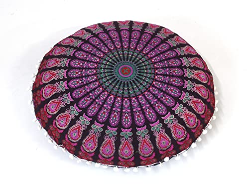 Round Mandala Floor Pillow Cover Seating Cushion Throw Cover Hippie Decorative Bohemian Ottoman Pouf Cover, Pom Pom Pillow Cases,Boho Indian 22 Inches (Pink And White) #TOP2