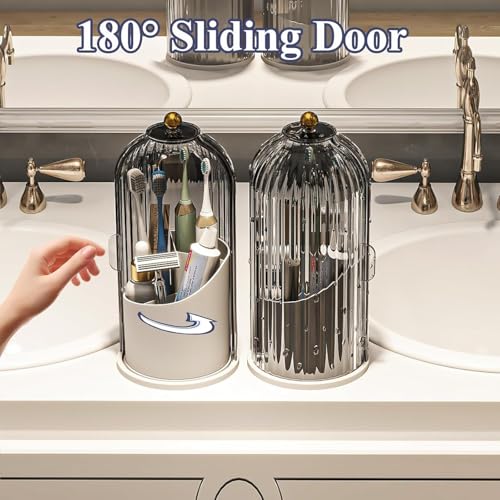Image of Toothbrush Holder with Lid Bathroom Organizer Countertop, Rotating 3 Slots Electric Tooth Brush Toothpaste Holder Bathroom Counter Stand Sink Organizer Caddy for Vanity Makeup Brushes (Grey)