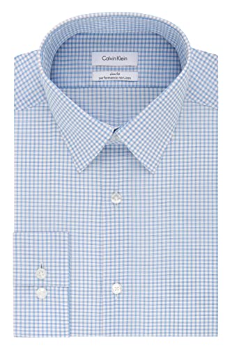 Calvin Klein Men's Dress Shirt Non Iron Stretch Slim Fit Check, Blue Bird, 16" Neck 34"-35" Sleeve #TOP2